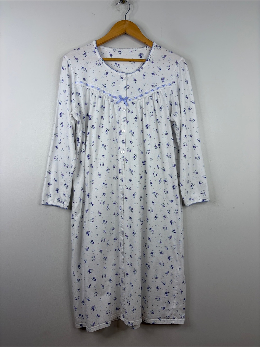 Cotton Nightgown Womens Large White Purple Floral Long Sleeve Jersey Midi